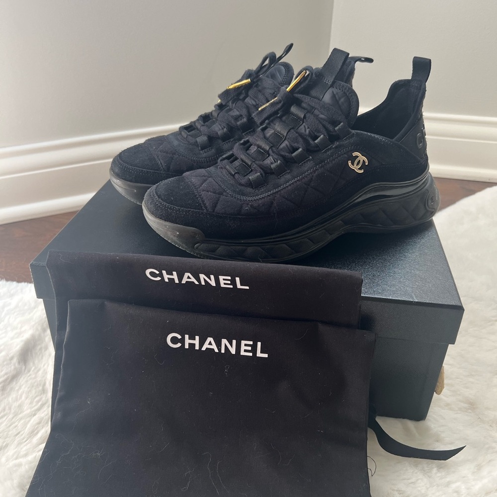 Authentic Chanel Black Quilted Sneakers with Gold CC Accent Size 38.5